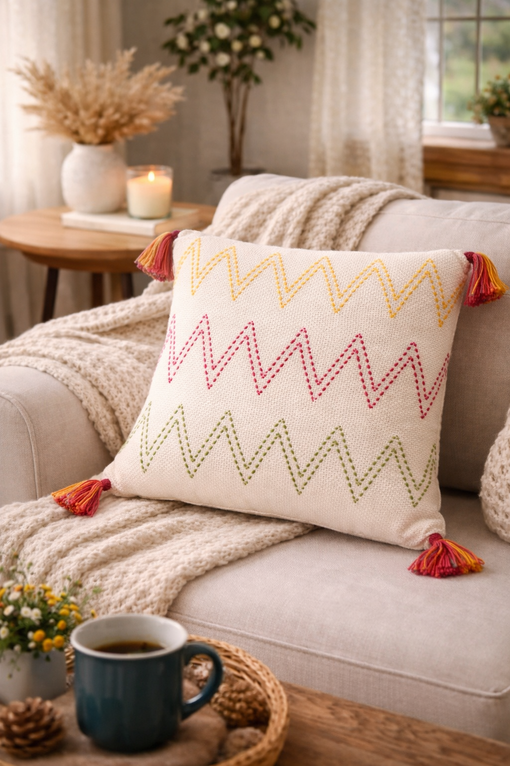 Zig Zag Cushion (Off-white with Multi-colored Embroidery)
