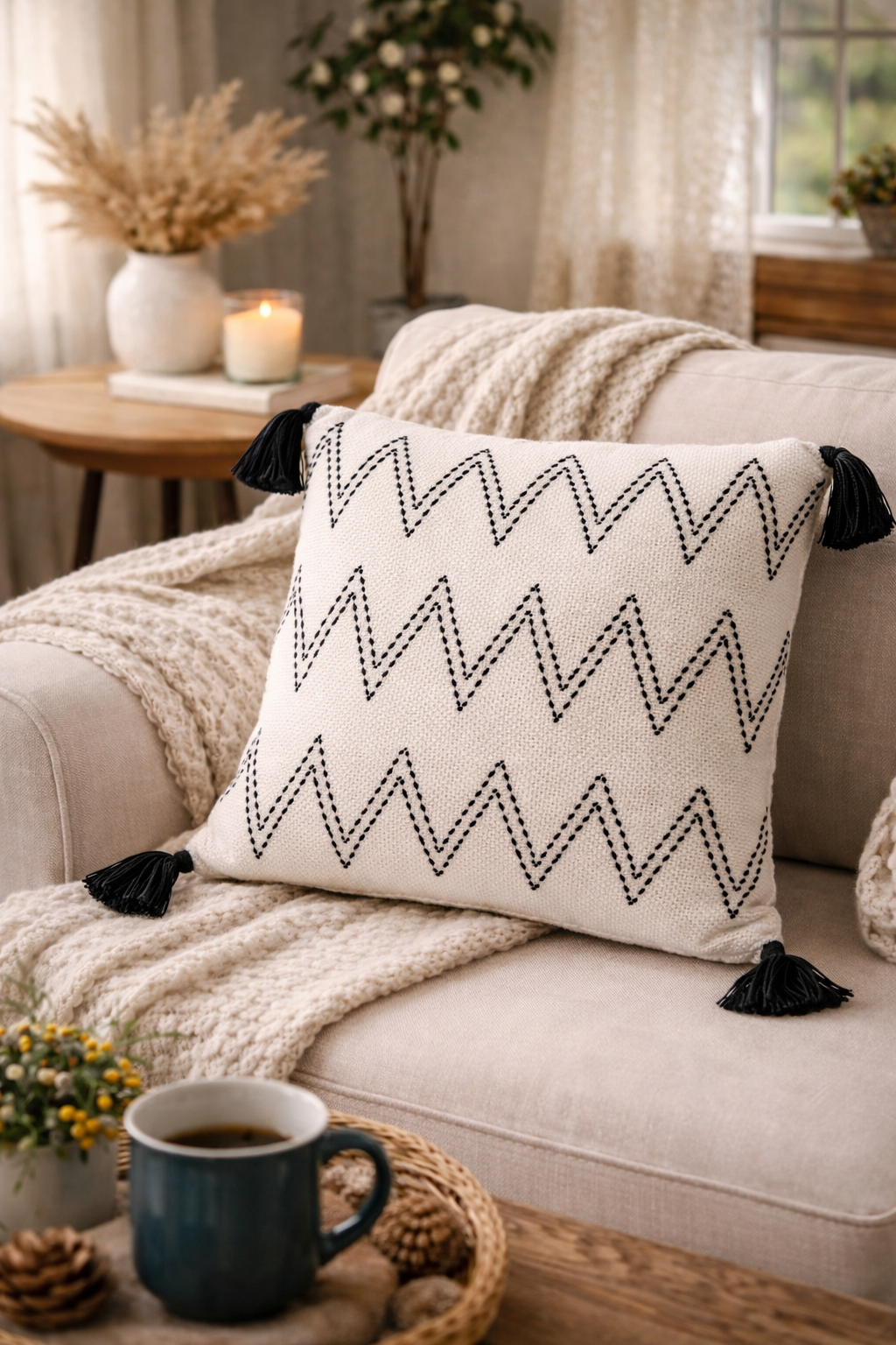 Zig Zag Cushion (Off-white with Black Embroidery)