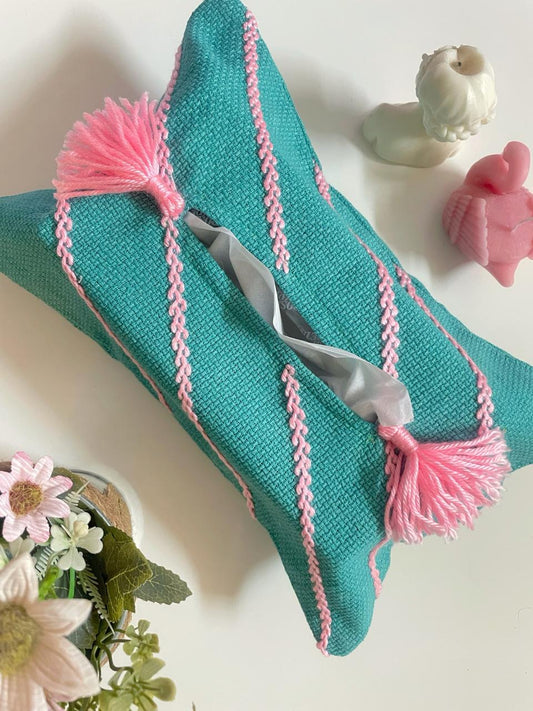 Aqua Embroidered Tissue Box Cover