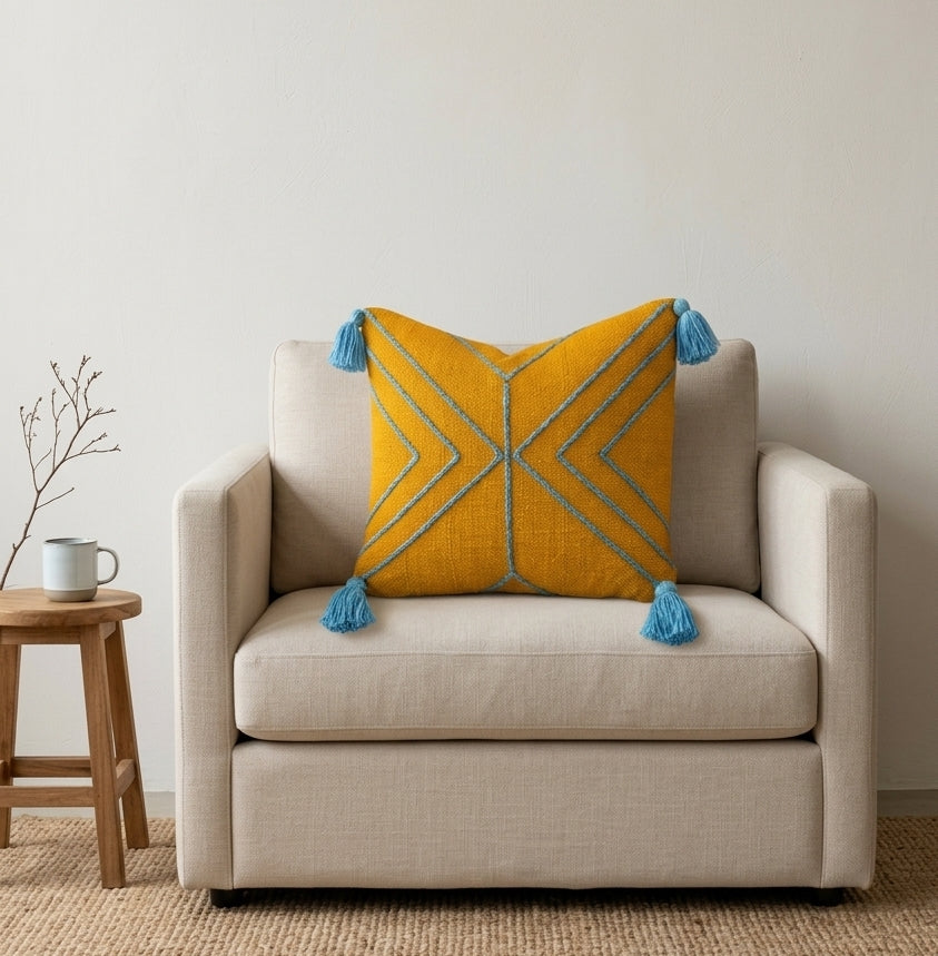 Arrowline Cushion (Mustard with Blue Embroidery (Copy)