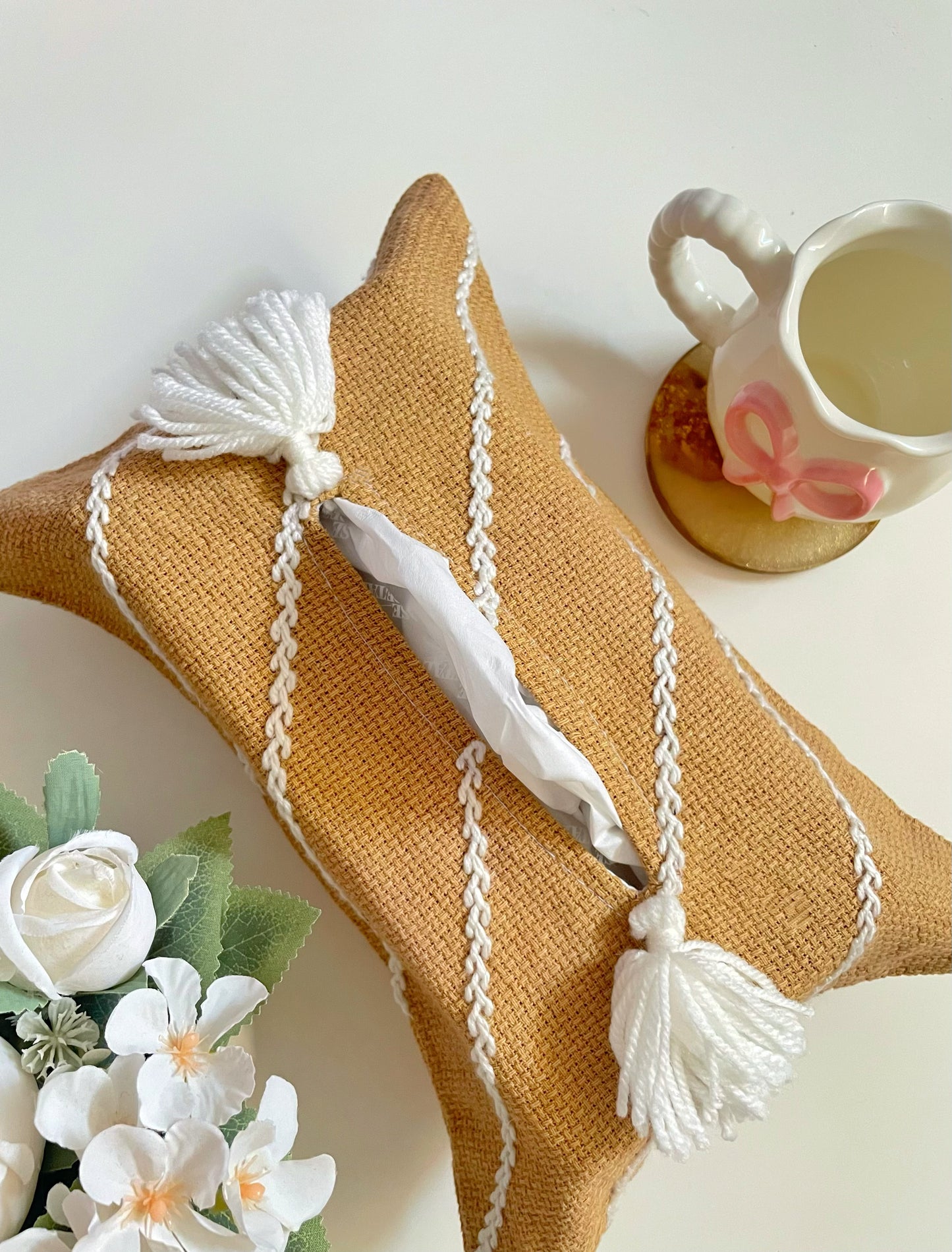 Beige Tissue Box Cover with Off-white Embroidery