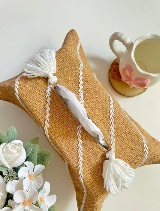 Beige Tissue Box Cover with Off-white Embroidery