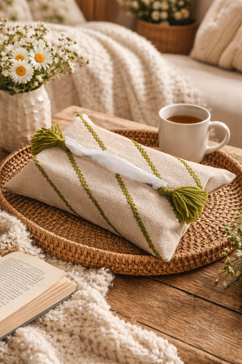 Light Beige Tissue Box Cover with Light Sage Embroidery