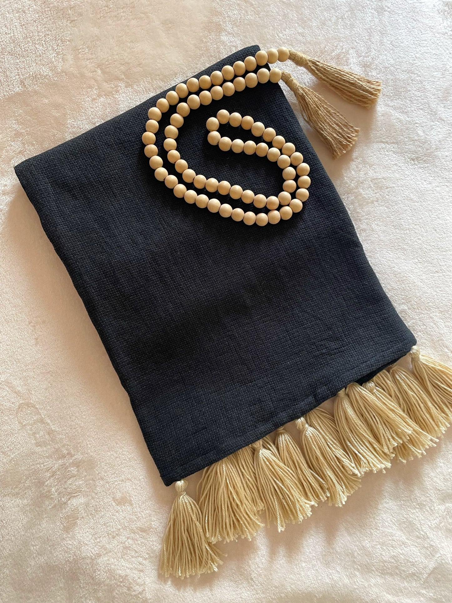 Black Throw Blanket with Beige Tassels