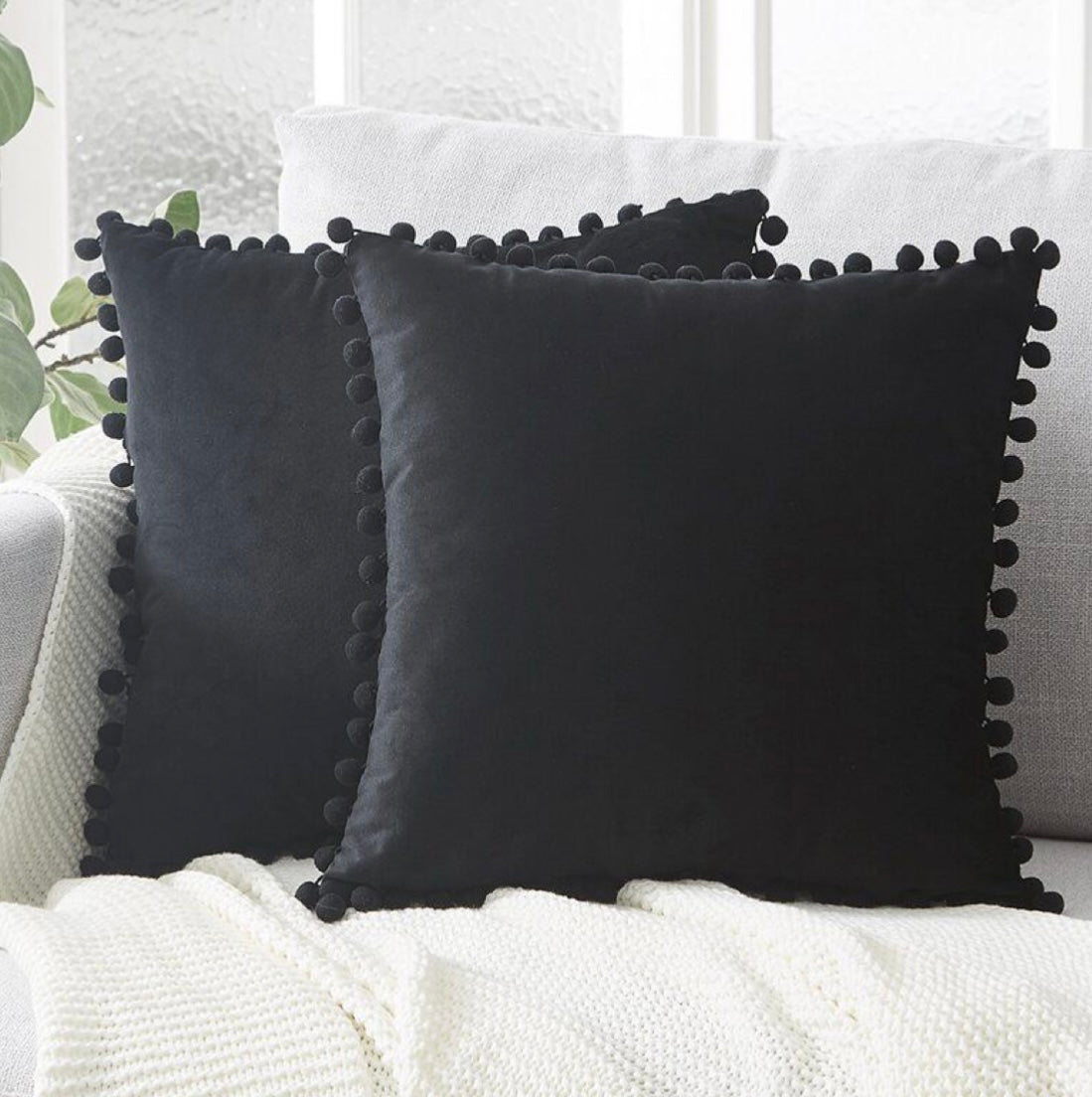 Plain Black Cushion with Black Pom Pom Lace