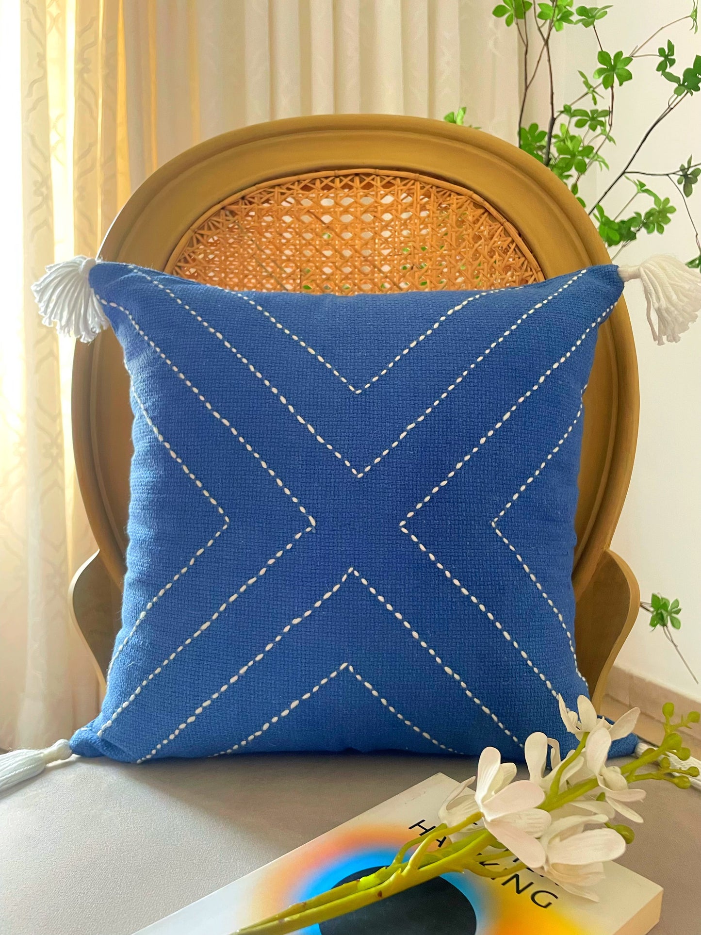Blue Cushion With White Embroidery