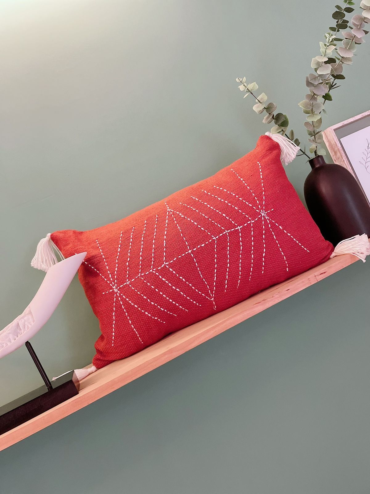 Burnt Red Cushion with White Embroidery