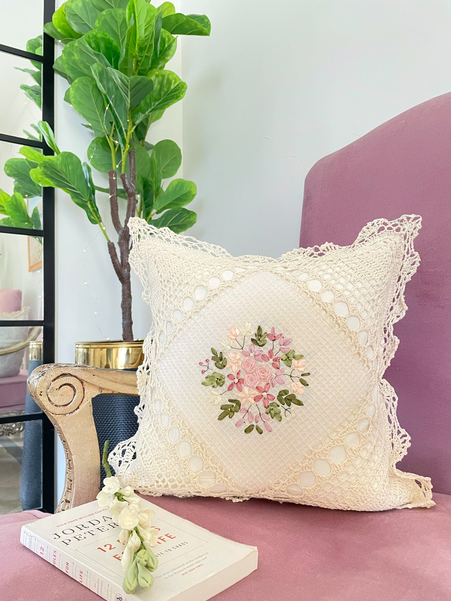 Crochet Ribbonwork Cushion