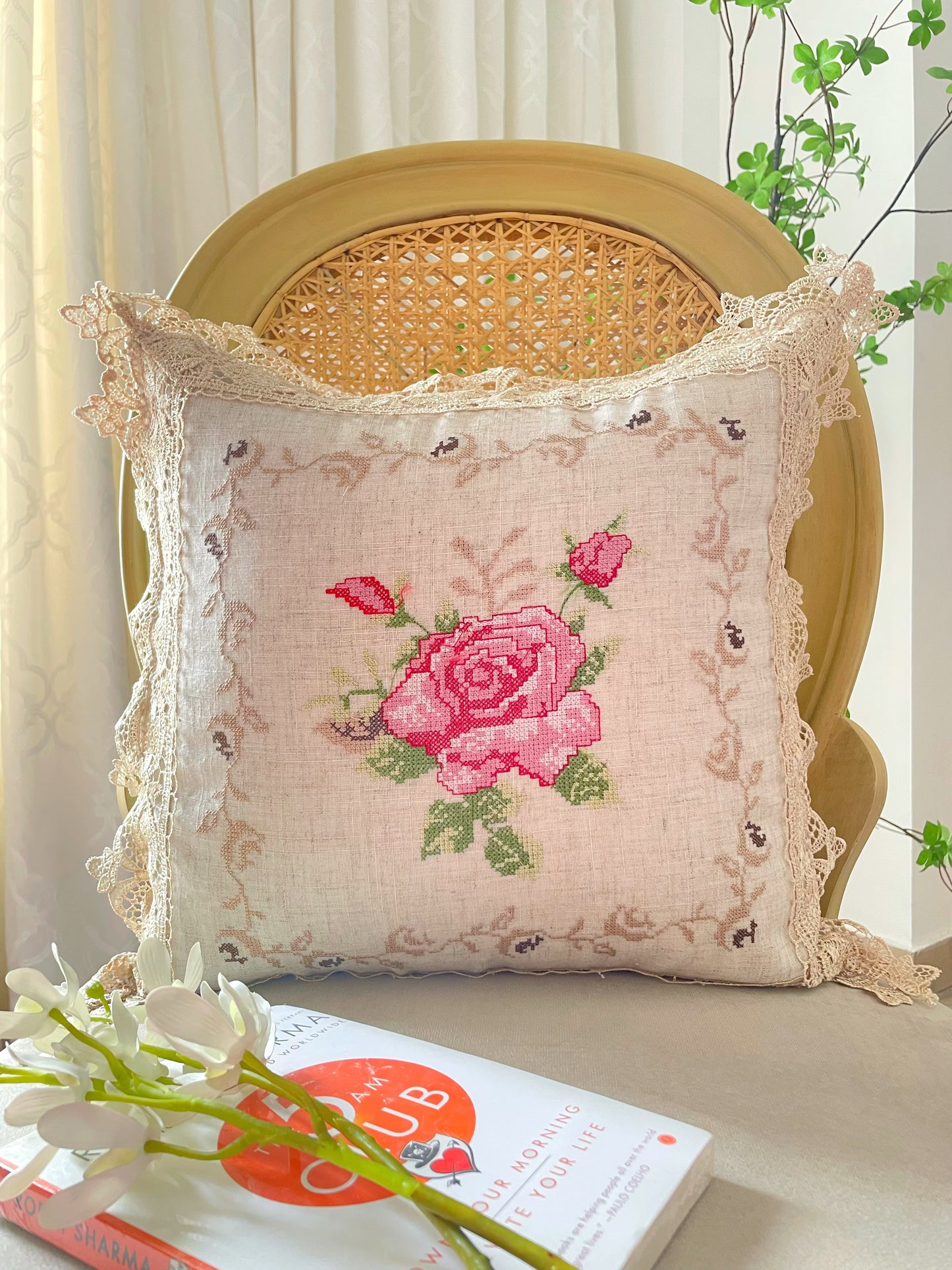 Cross-stitched Cushion Pink
