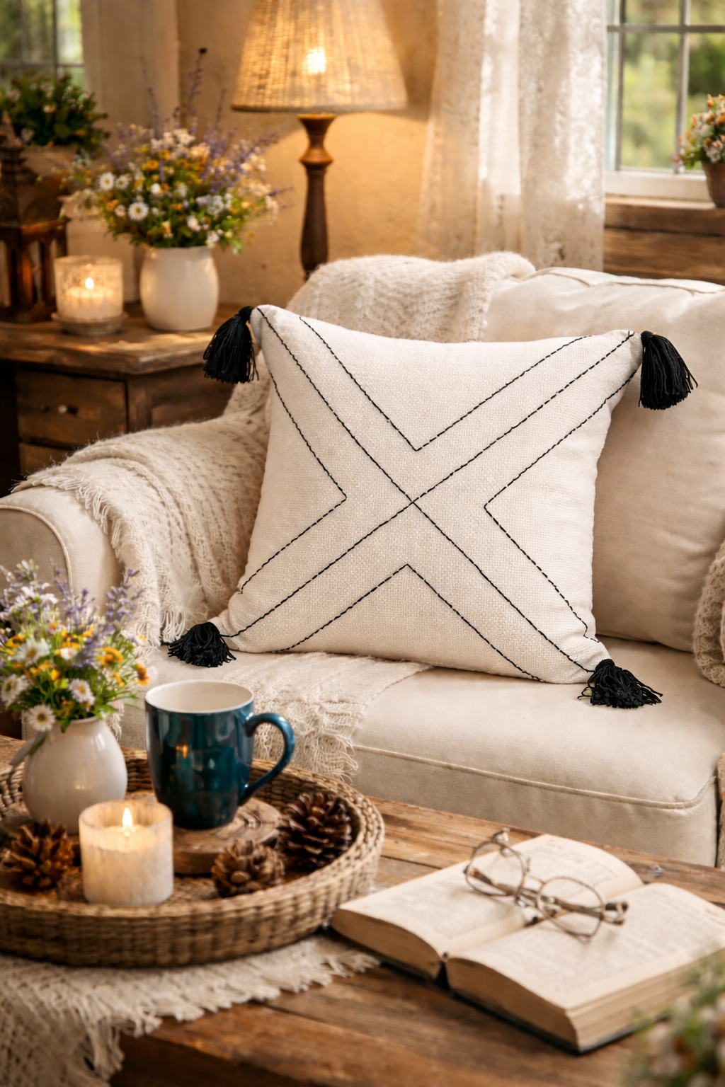 Crosslines Cushion (Off-white with Black Embroidery)