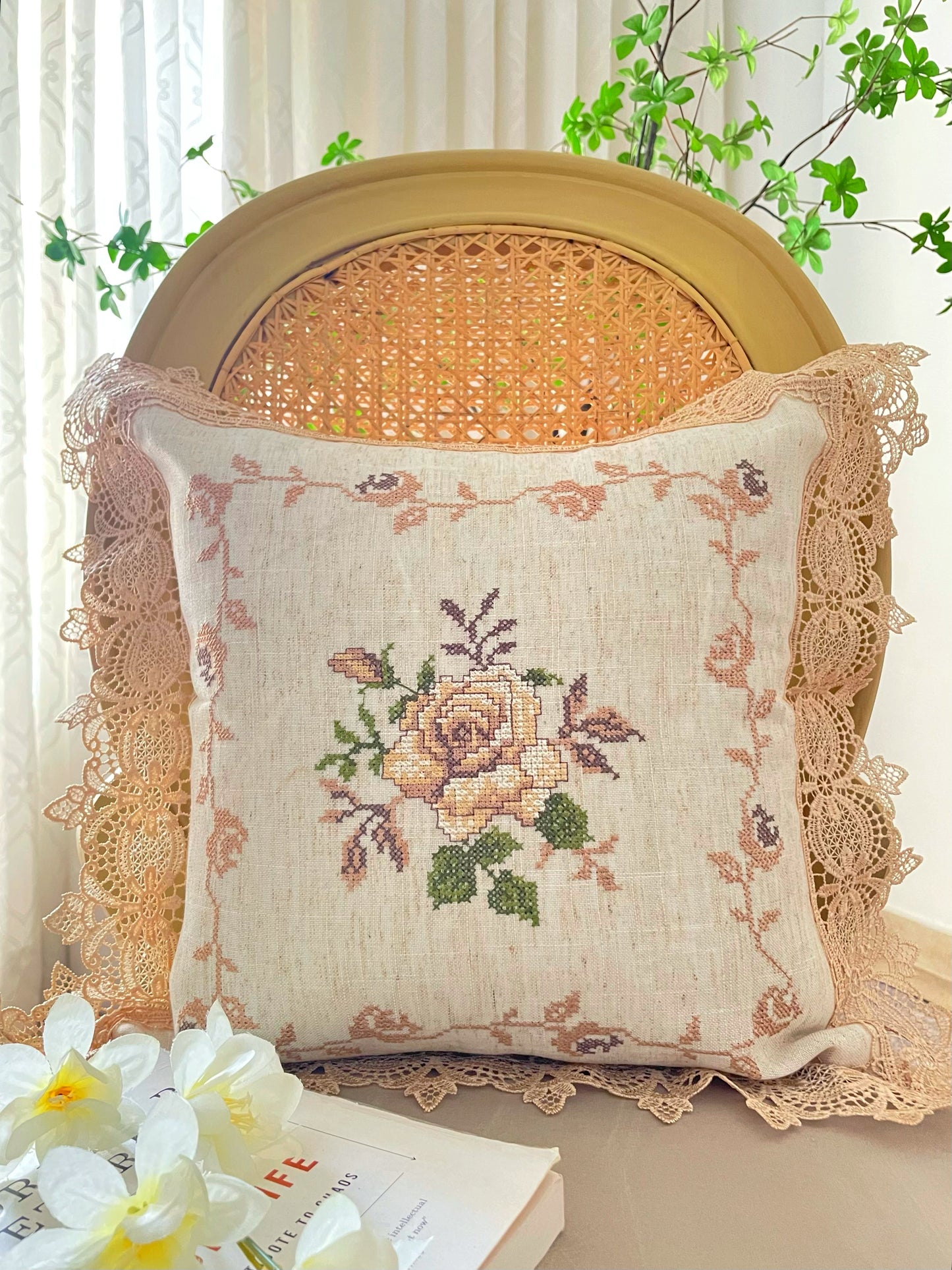 Cross-stitched Cushion (Beige)