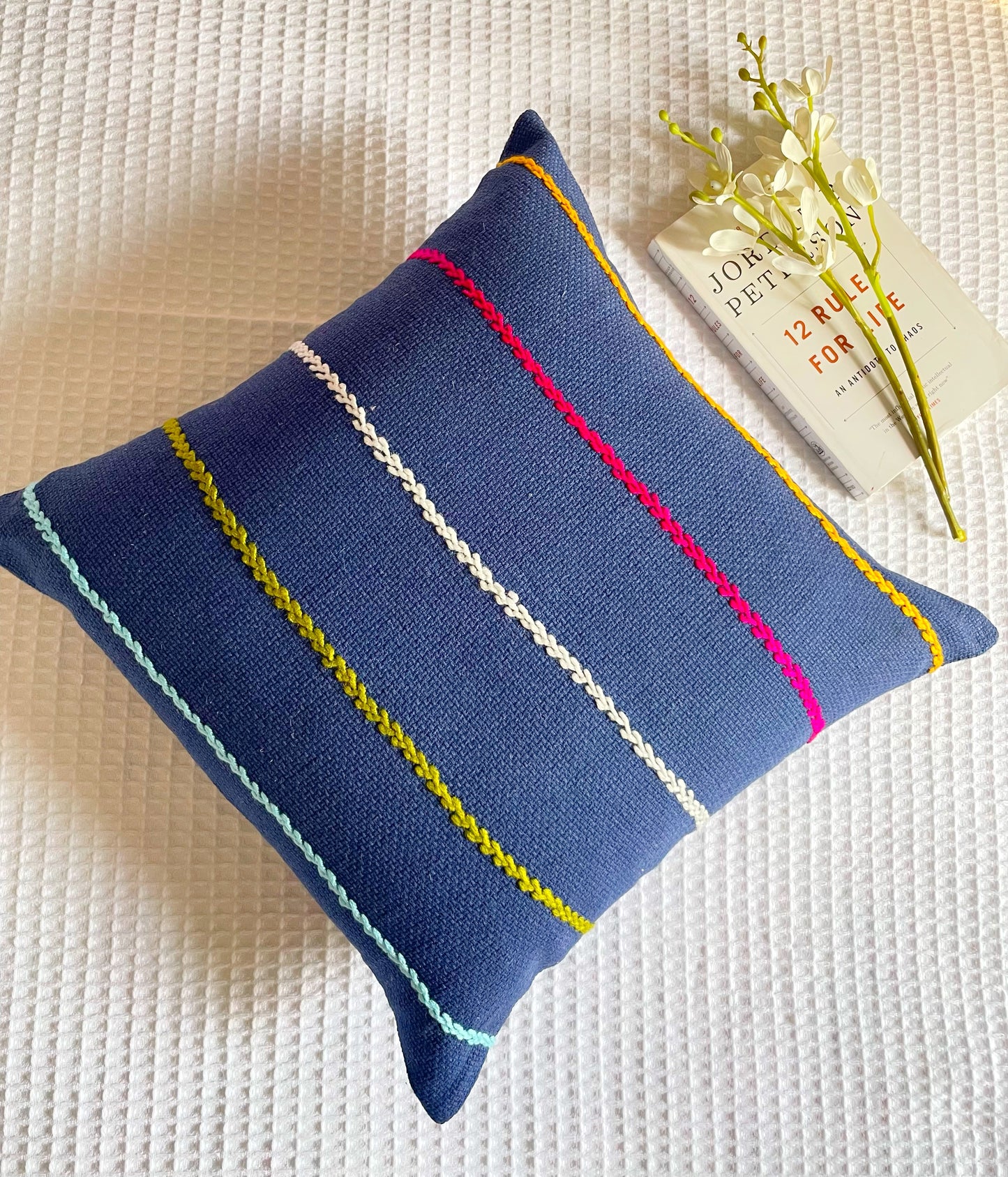 Dark Blue Cushion with MultiColored Embroidered Stripes