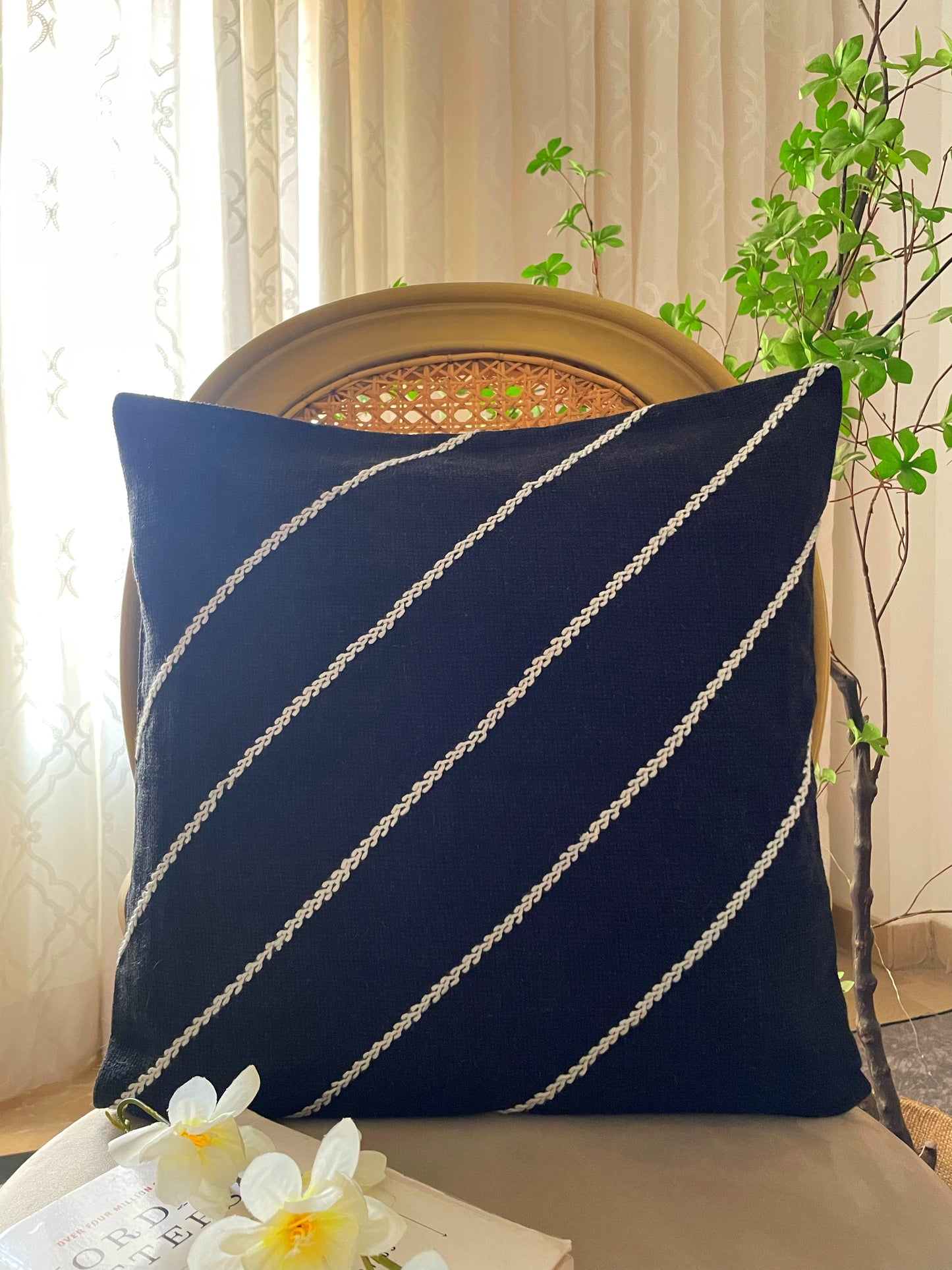 Embroidered Black Cushion with White Diagonals