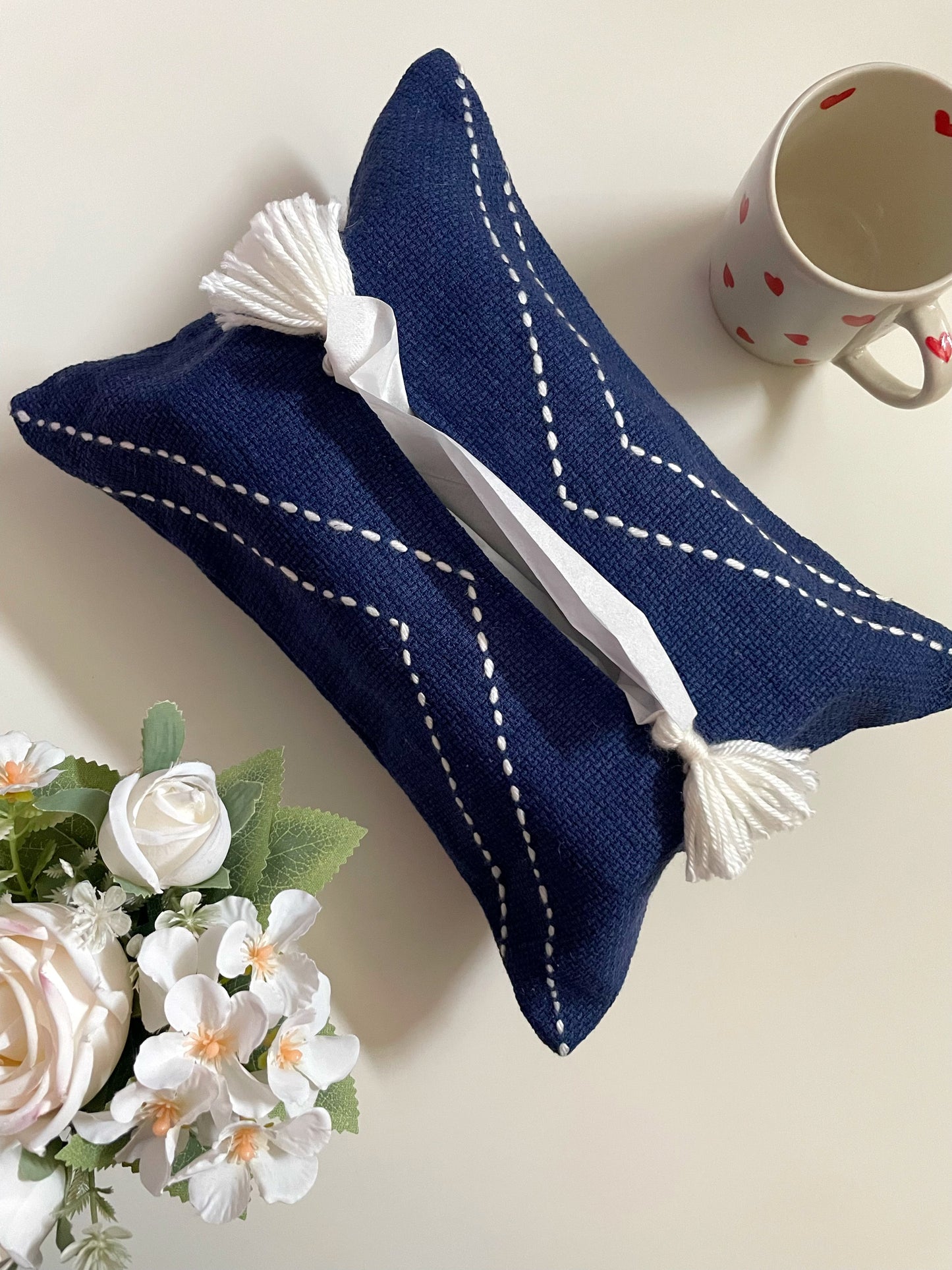 Dark Blue Tissue Box Cover with White Embroidery