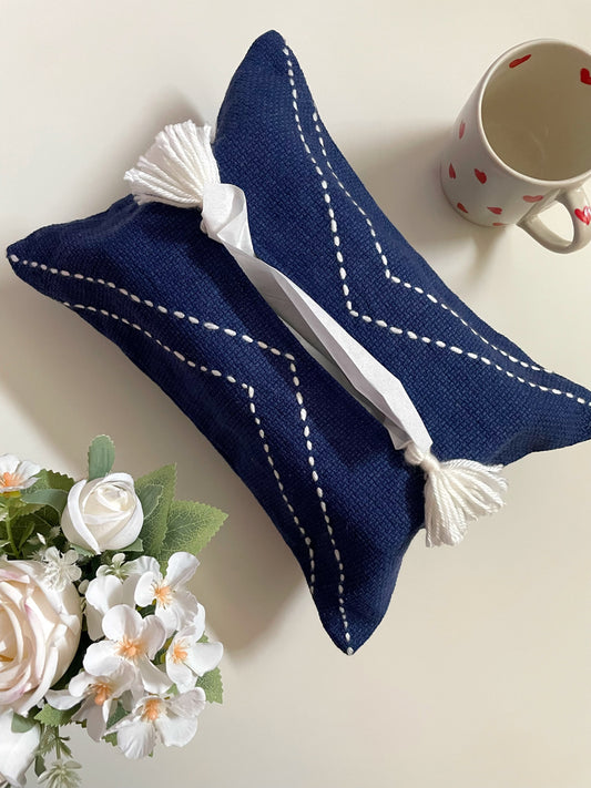 Dark Blue Tissue Box Cover with White Embroidery