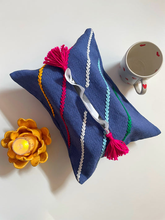Dark Blue Tissue Box Cover with Multi-colored Embroidery