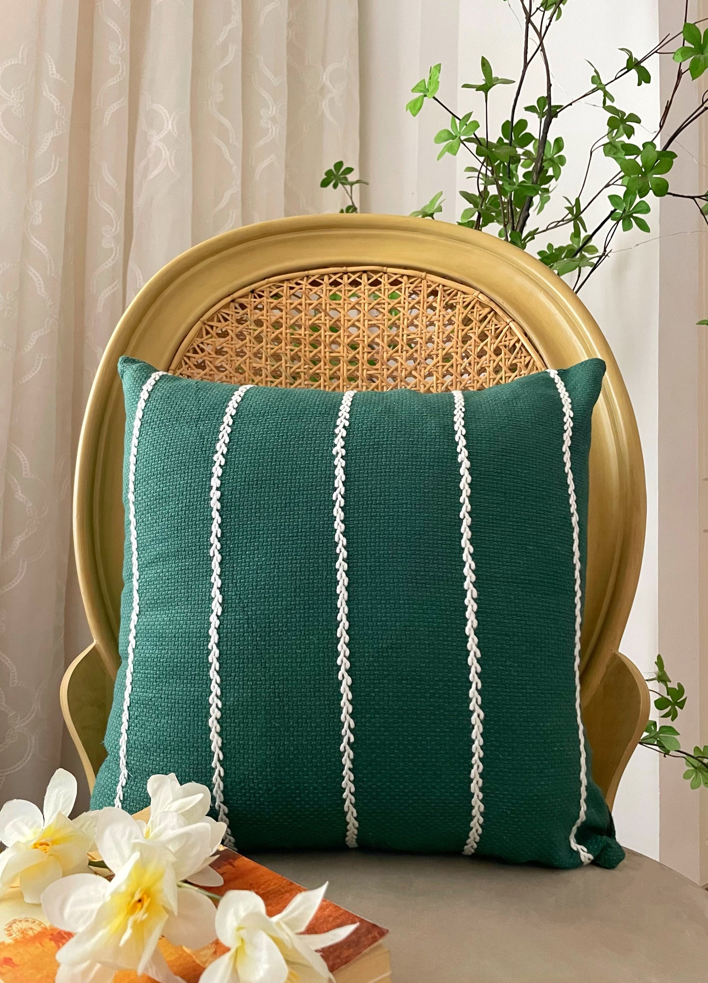 Dark Green Cushion with White Embroidered Stripes