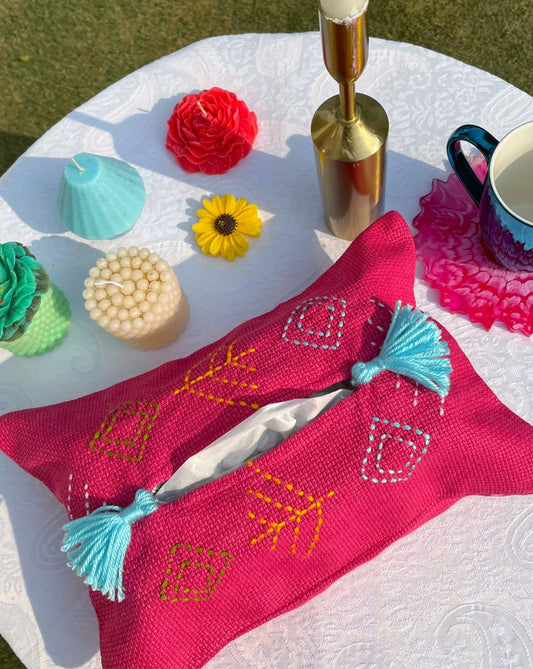 Dark Pink Embroidered Tissue Box Cover