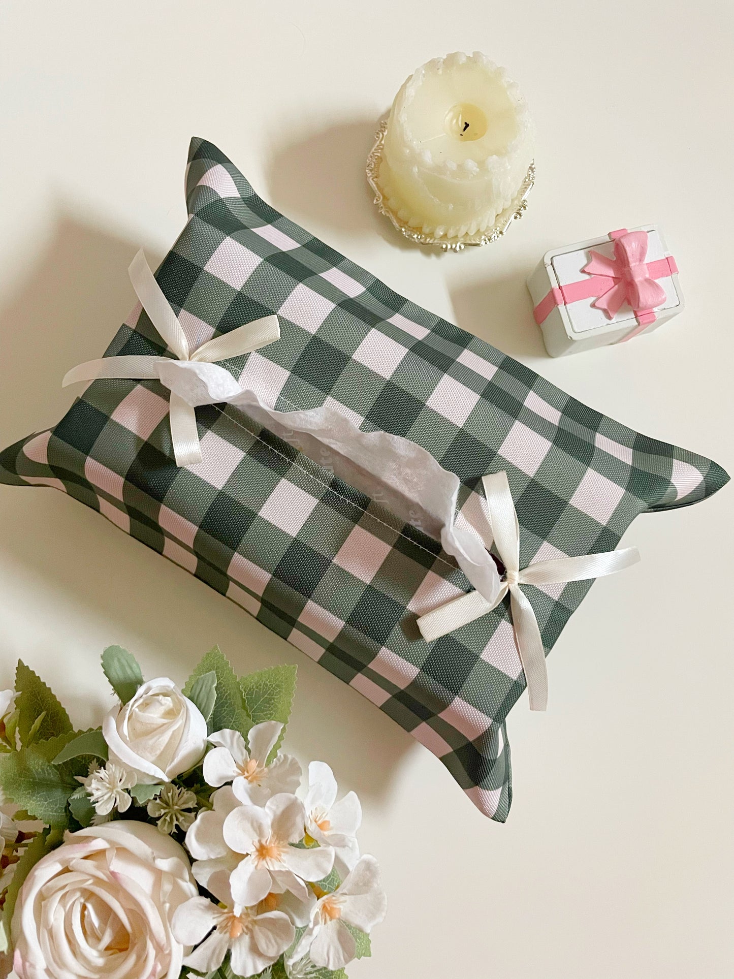 Dark Green Gingham Tissue Box Cover