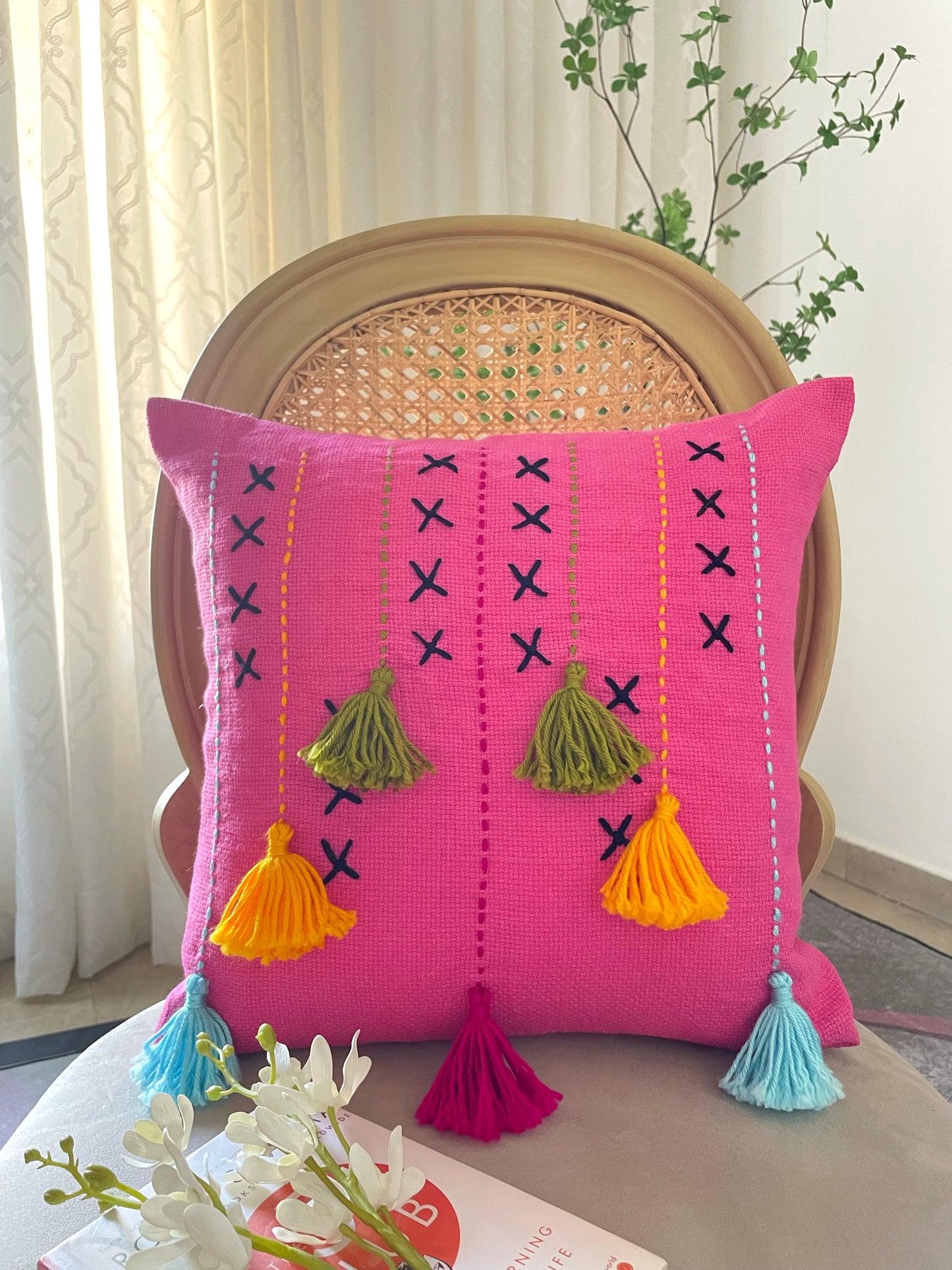 Fuchsia Pink Embroidered Cushion