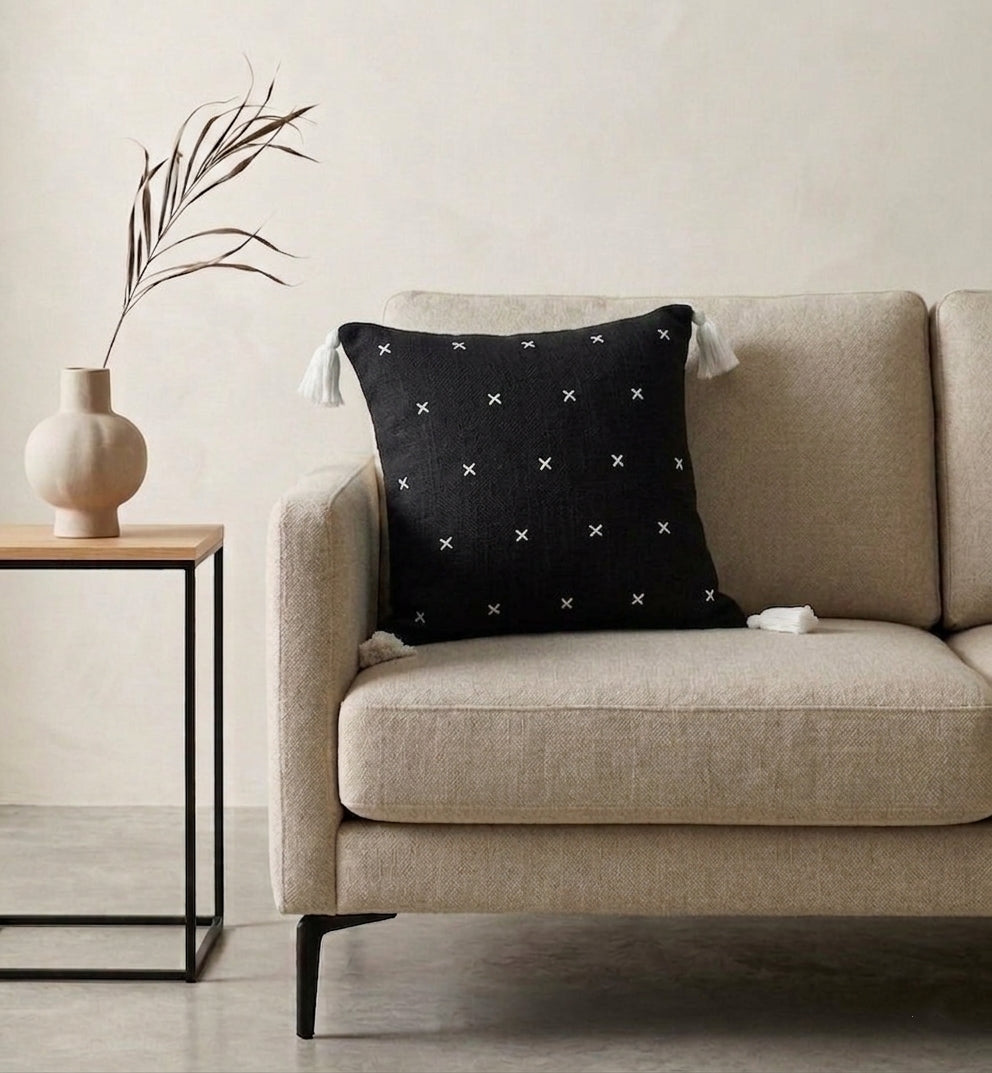 Grid Cushion (Black with White Embroidery)