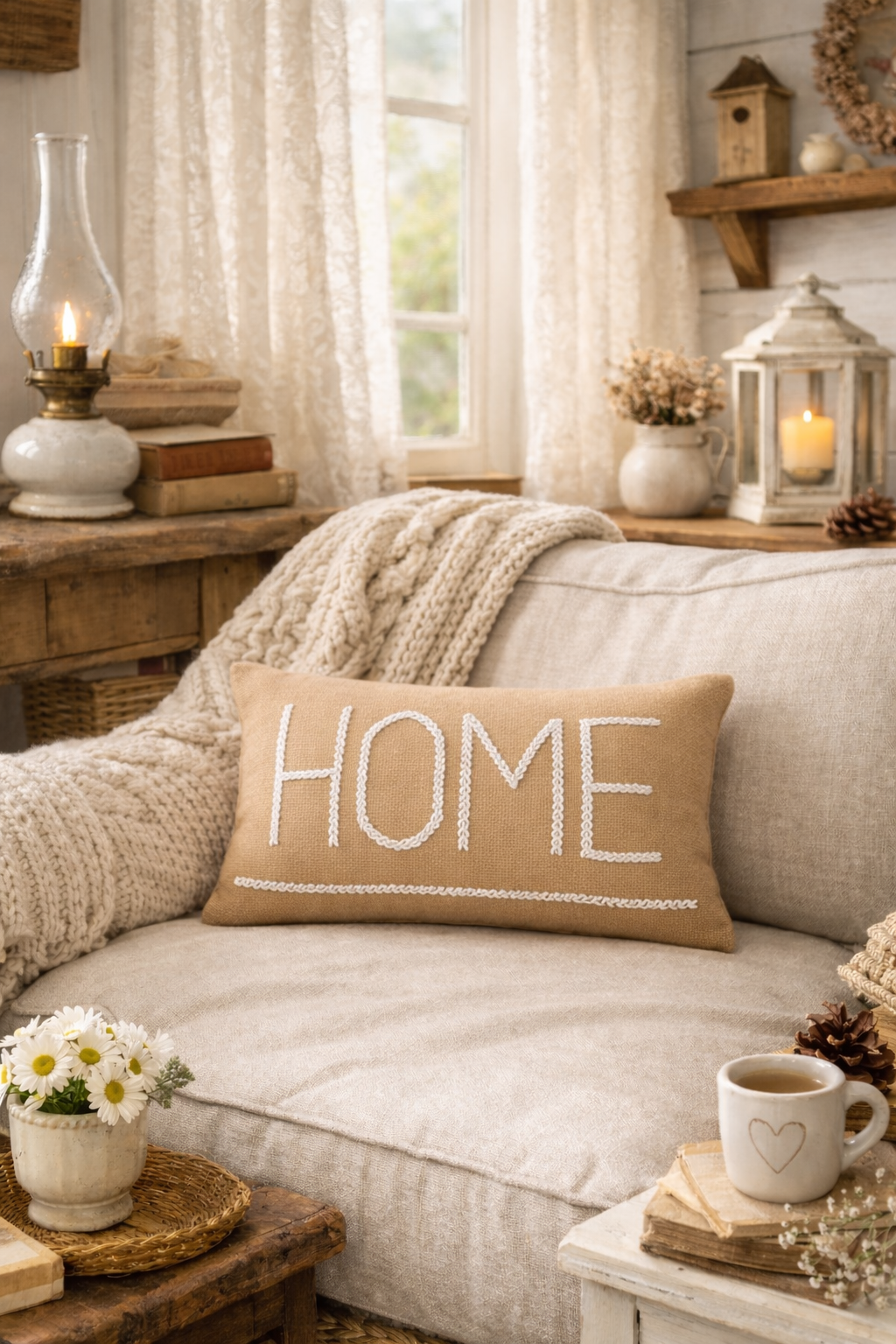 HOME Cushion (Beige with White Embroidery