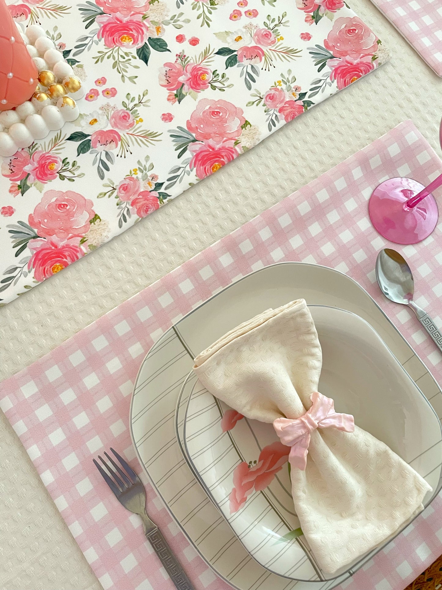 Hana - Pink Gingham Table Linen Set