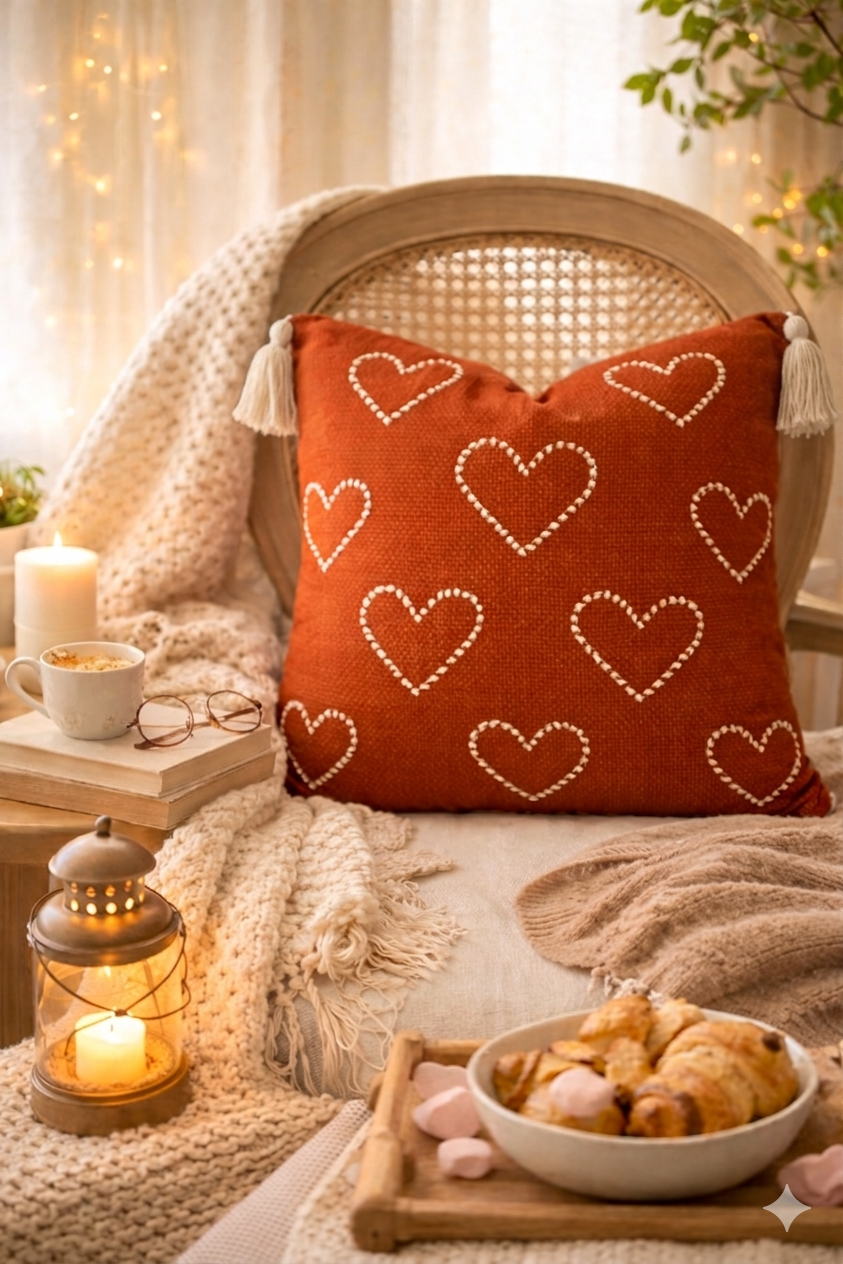 Hearts Cushion (Rust with White Embroidery)