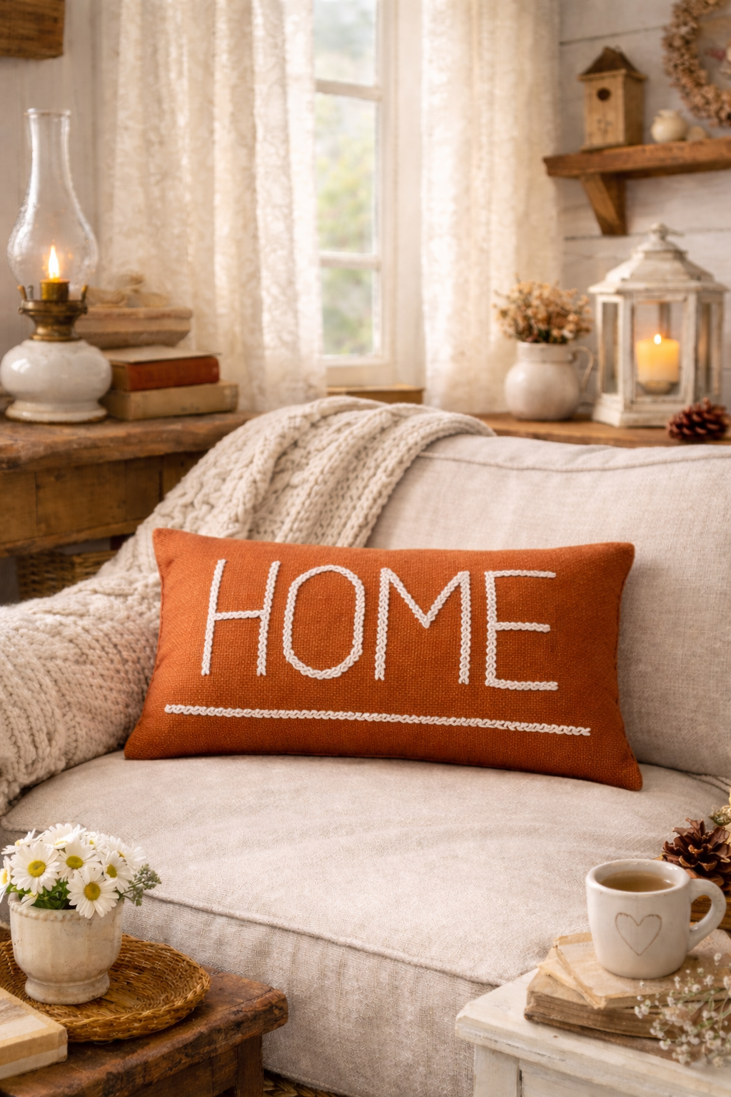 HOME Cushion (Rust with White Embroidery)