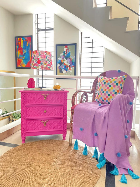 Lavender Throw Blanket with Blue Pom Poms