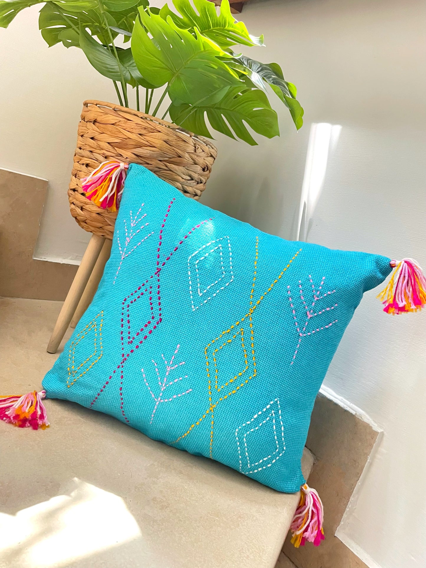 Light Blue Cushion with Multi-colored Embroidery