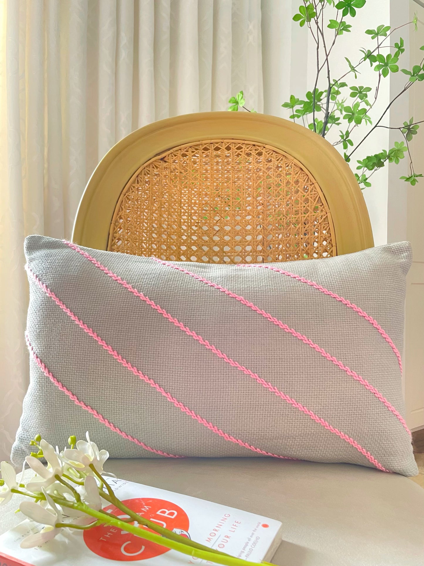 Light Gray Cushion with Light Pink Diagonals Embroidery