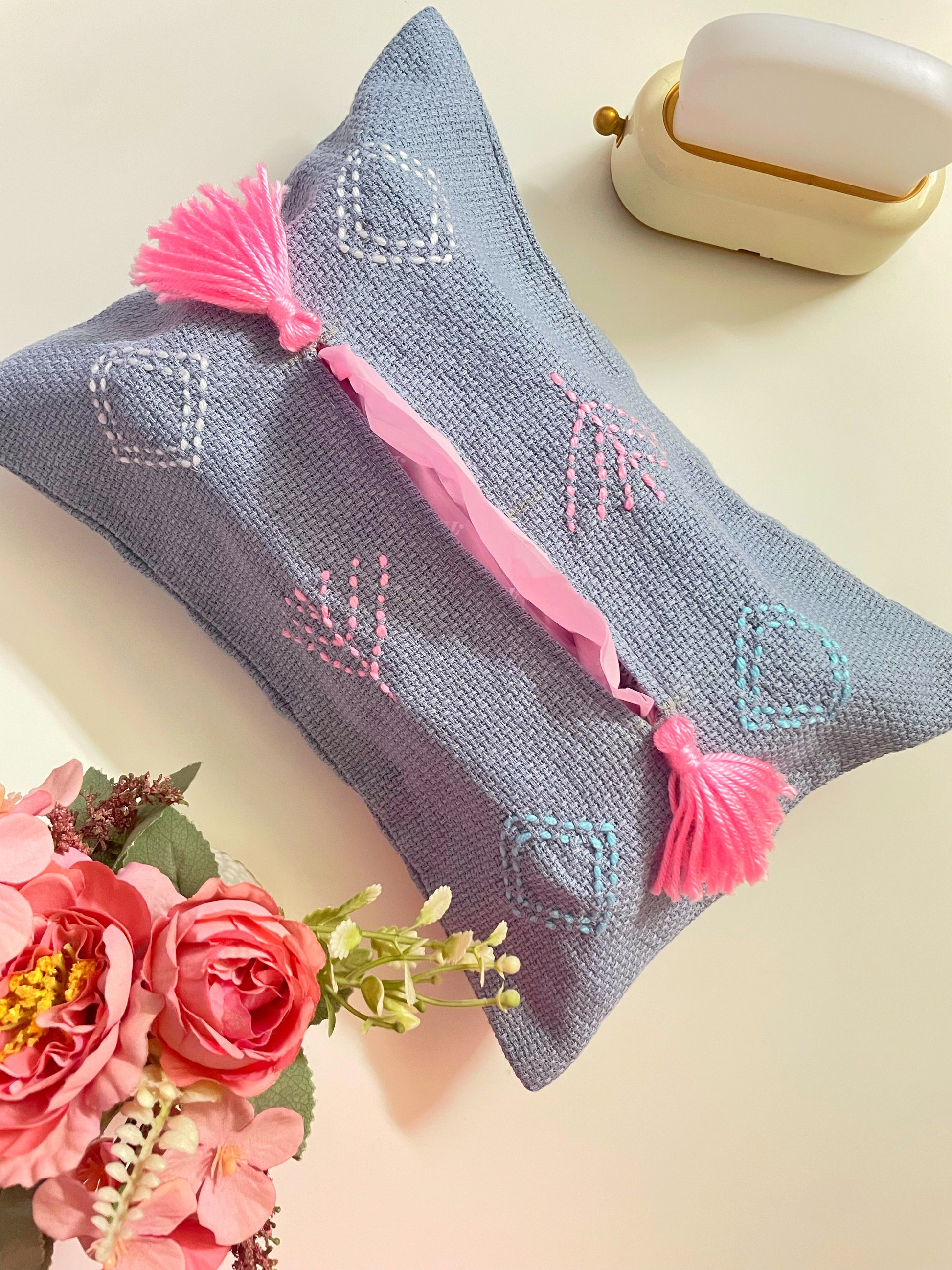 Light Gray Embroidered Tissue Box Cover