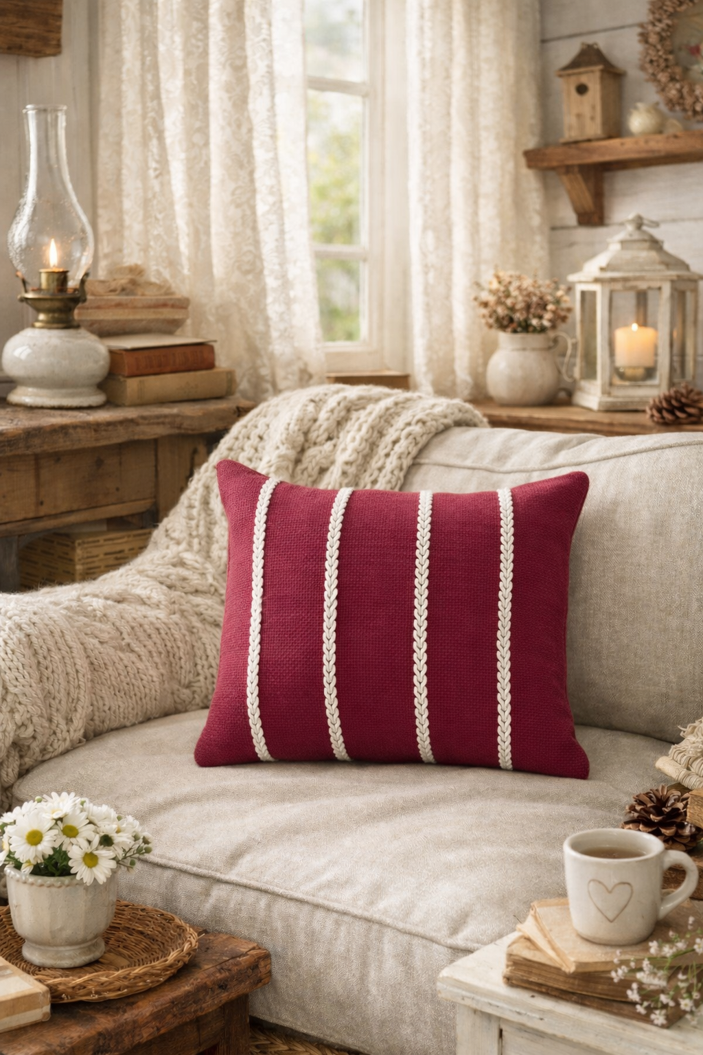 Stripes Cushion (Maroon with White Embroidery)