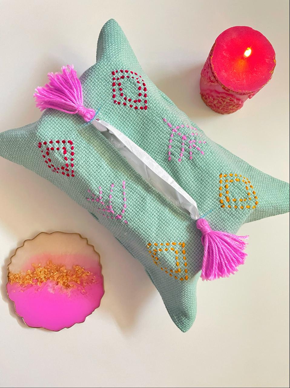 Minty Embroidered Tissue Box Cover