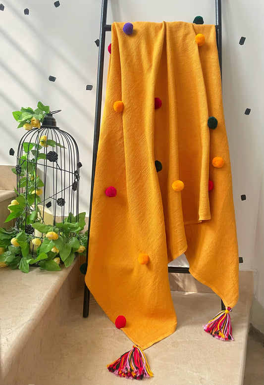 Mustard Throw Blanket with Multi-colored Pom Poms & Tassels