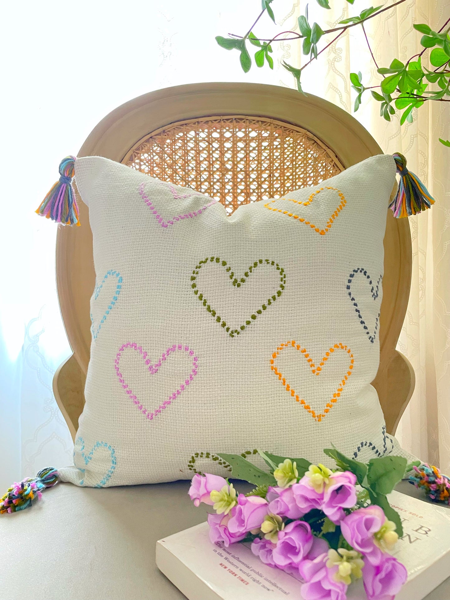 Hearts Cushion (Off-white with Multi-colored Embroidery)