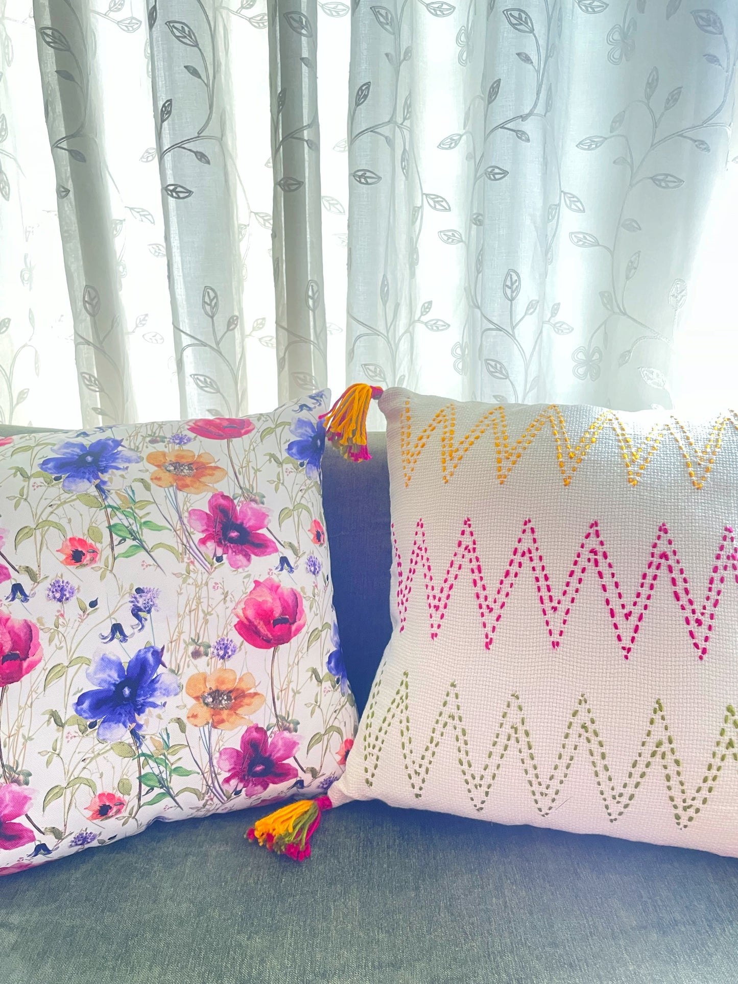 Off-white Cushion with Multi-colored Zig-Zag Embroidery