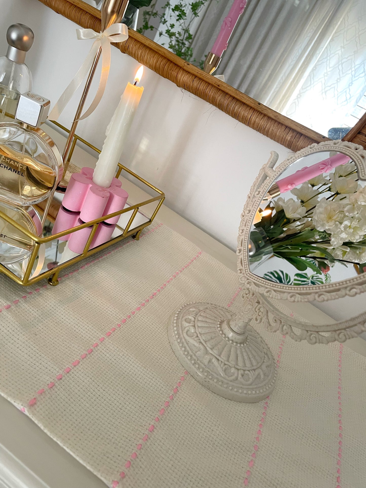 Off-white Textured Table Runner with Pink Embroidery