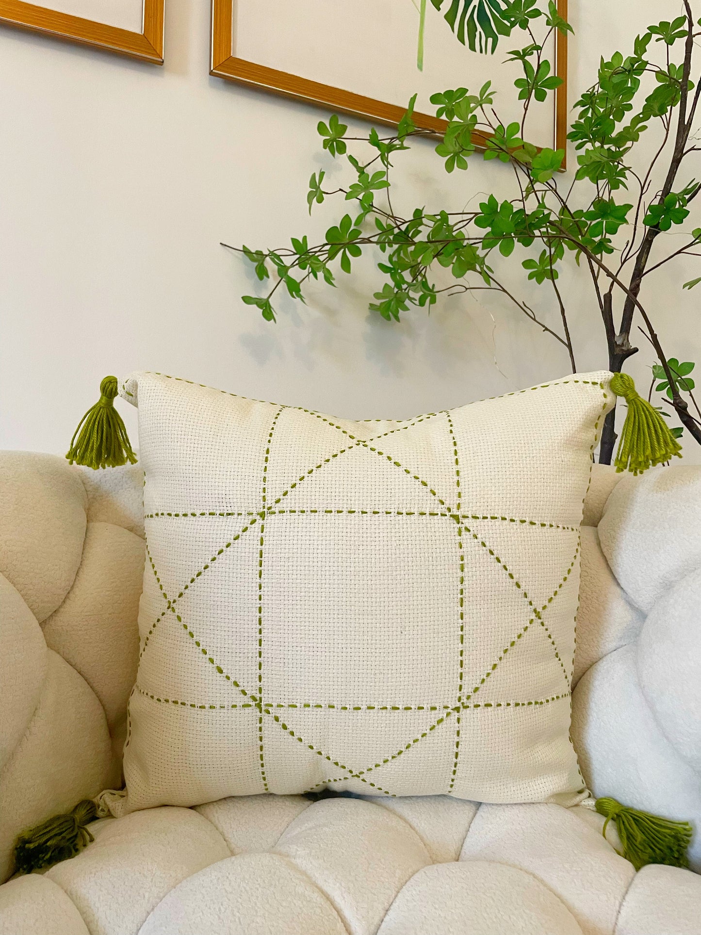 Off-white Cushion with Sage Embroidery