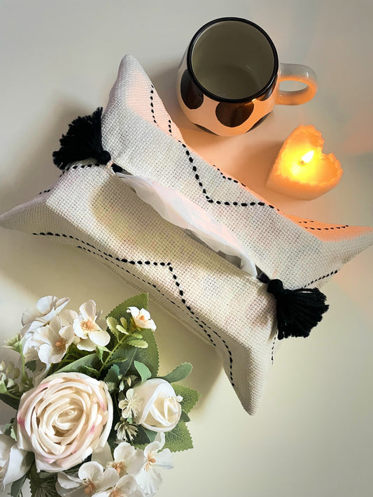 Off-white Tissue Box Cover with Black Embroidery