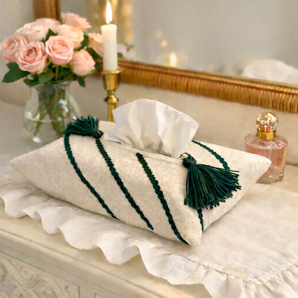 Off-white Tissue Box Cover with Dark Green Embroidery