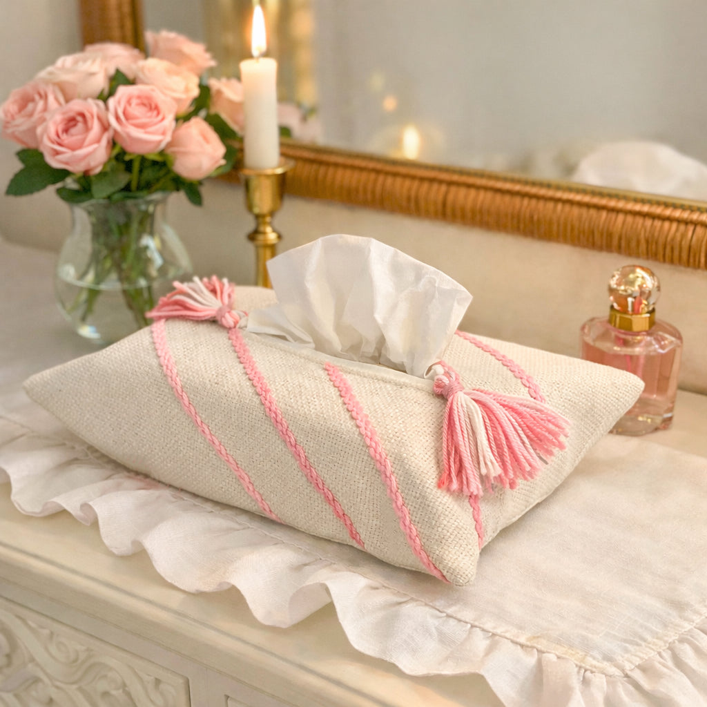 Off-white Tissue Box Cover with Light Pink Embroidery
