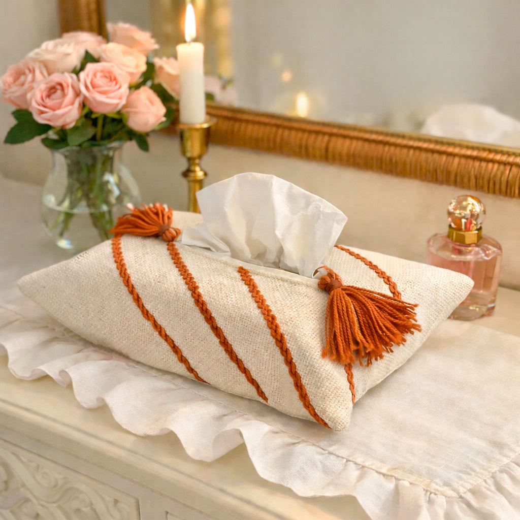 Off-white Tissue Box Cover with Rust Embroidery