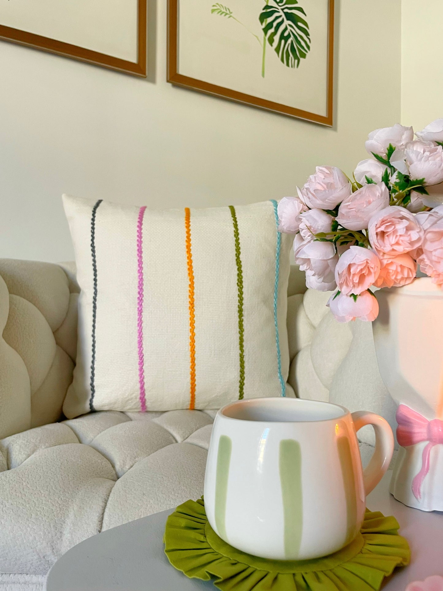 Off-white Cushion with MultiColored Embroidered Stripes