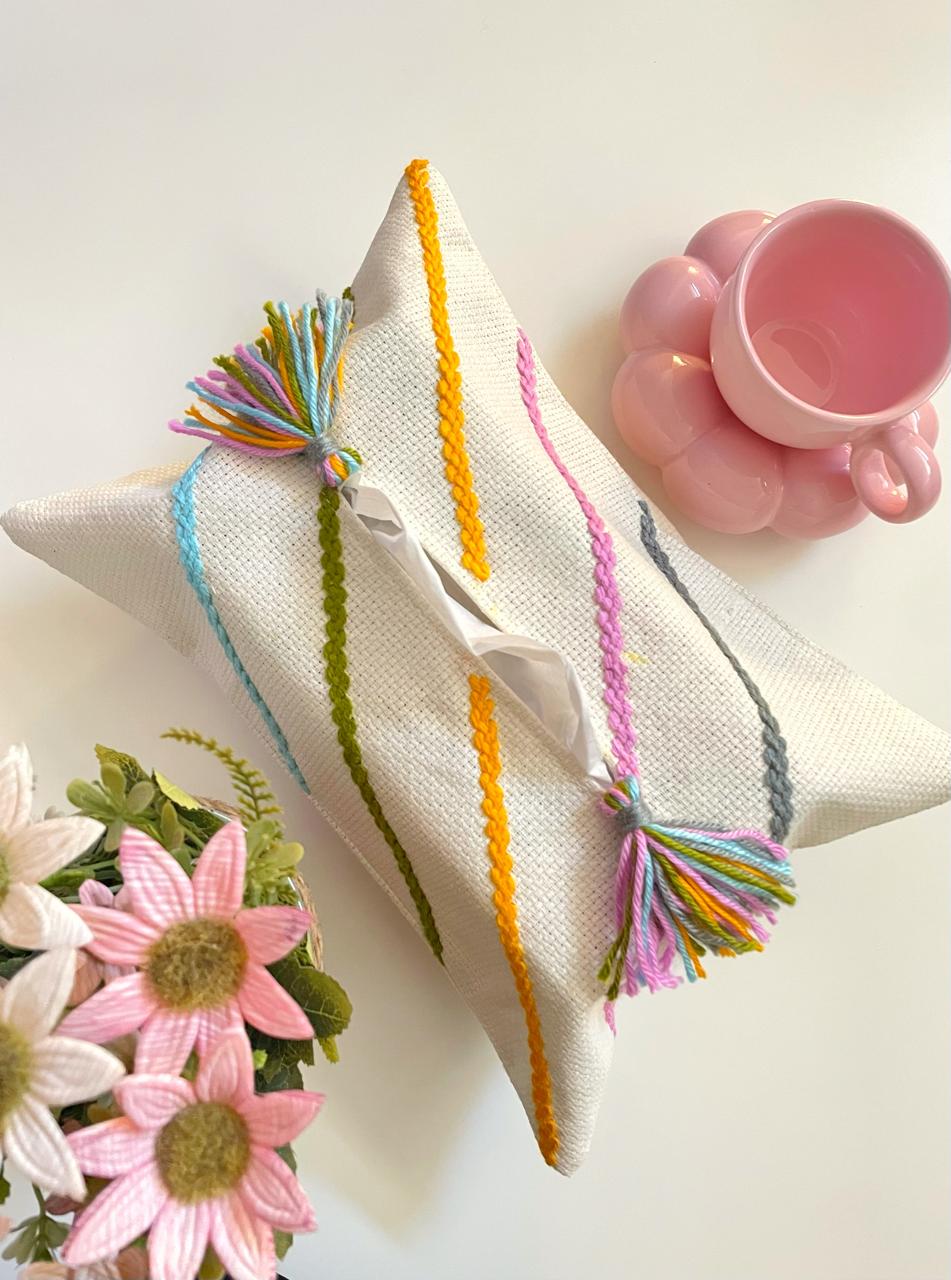 Off-white Tissue Box Cover with Multi-colored Embroidery