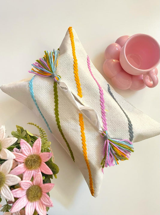 Off-white Tissue Box Cover with Multi-colored Embroidery