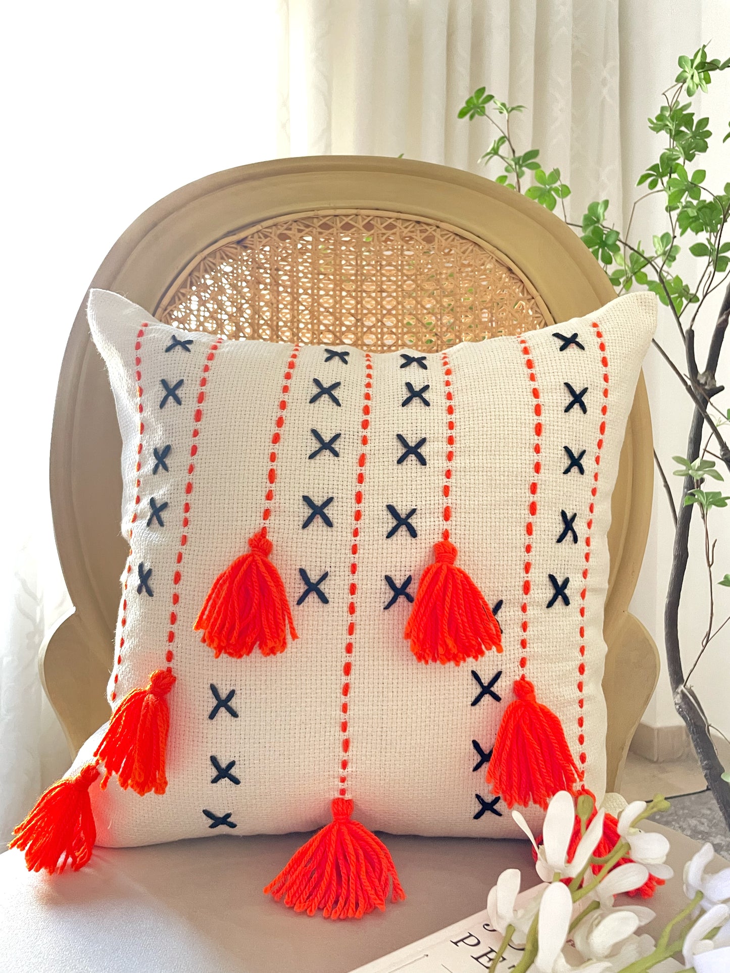 Off White Cushion with Orange Embroidery