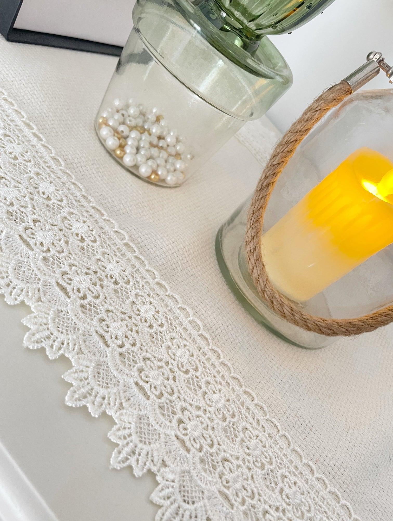 Off white Table Runner with Crochet Lace