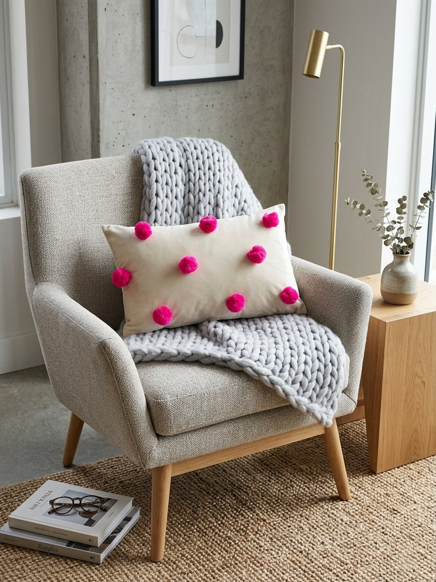 Pom Poms Cushion (Off-white with Dark Pink)